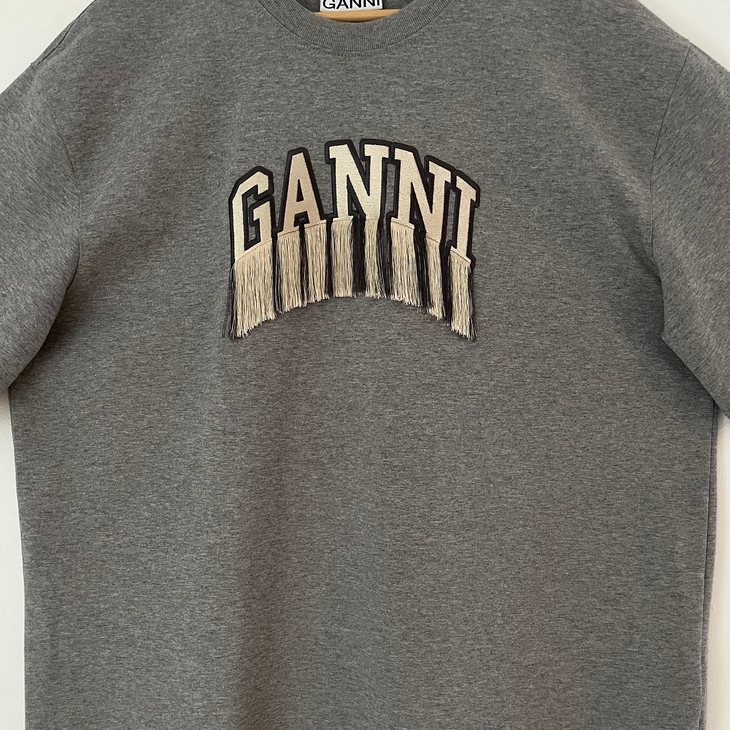 Ganni Heavy Cotton Drop Shoulder Fringe T-Shirt Size L.
