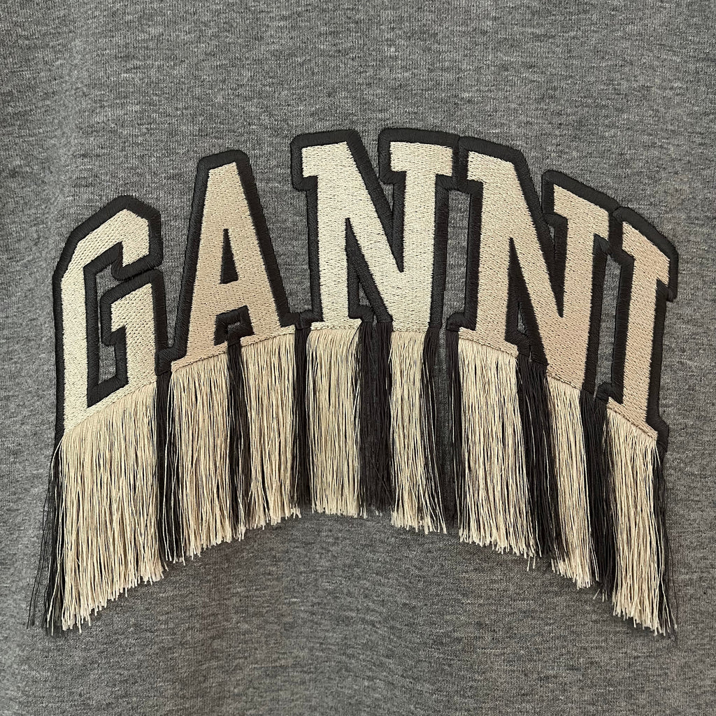 Ganni Heavy Cotton Drop Shoulder Fringe T-Shirt Size L.