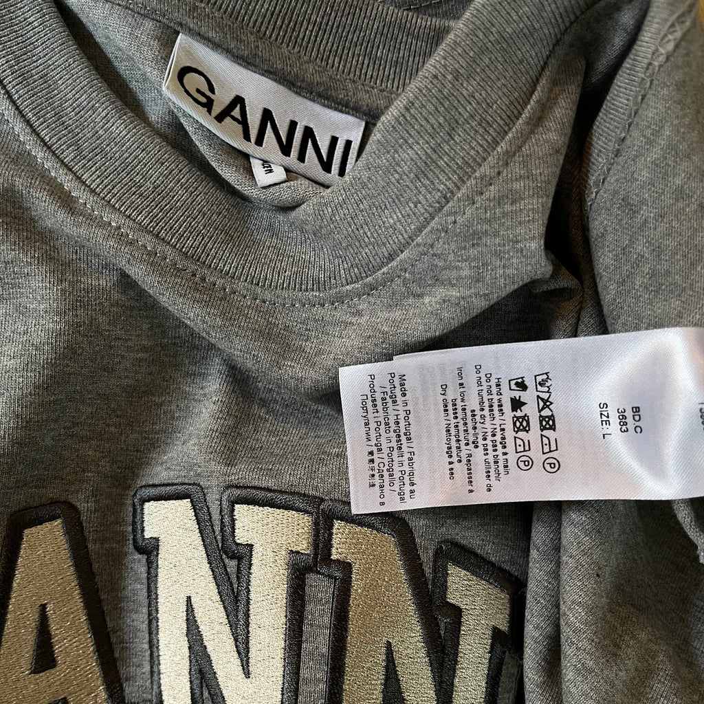 Ganni Heavy Cotton Drop Shoulder Fringe T-Shirt Size L.