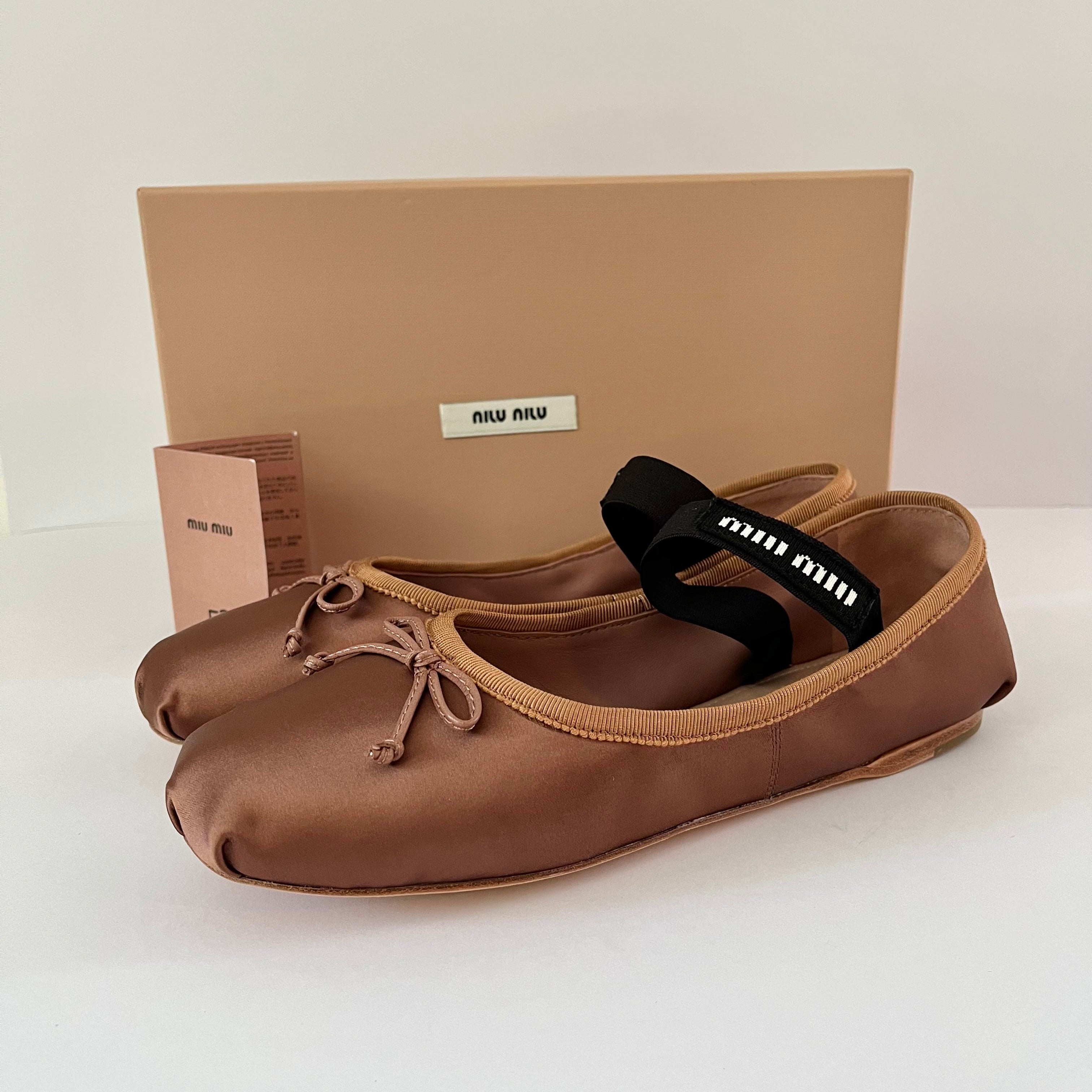 Miu Miu Satin Ballerina Flats in Cocoa Brown.