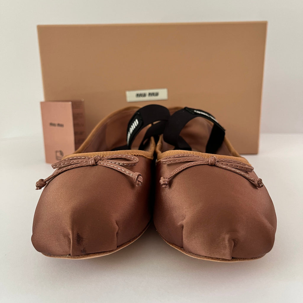 Miu Miu Satin Ballerina Flats in Cocoa Brown.