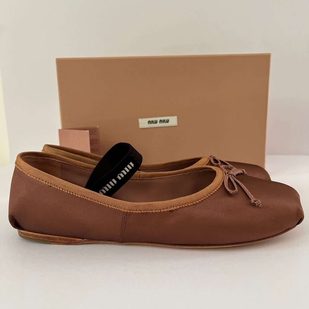Miu Miu Satin Ballerina Flats in Cocoa Brown.