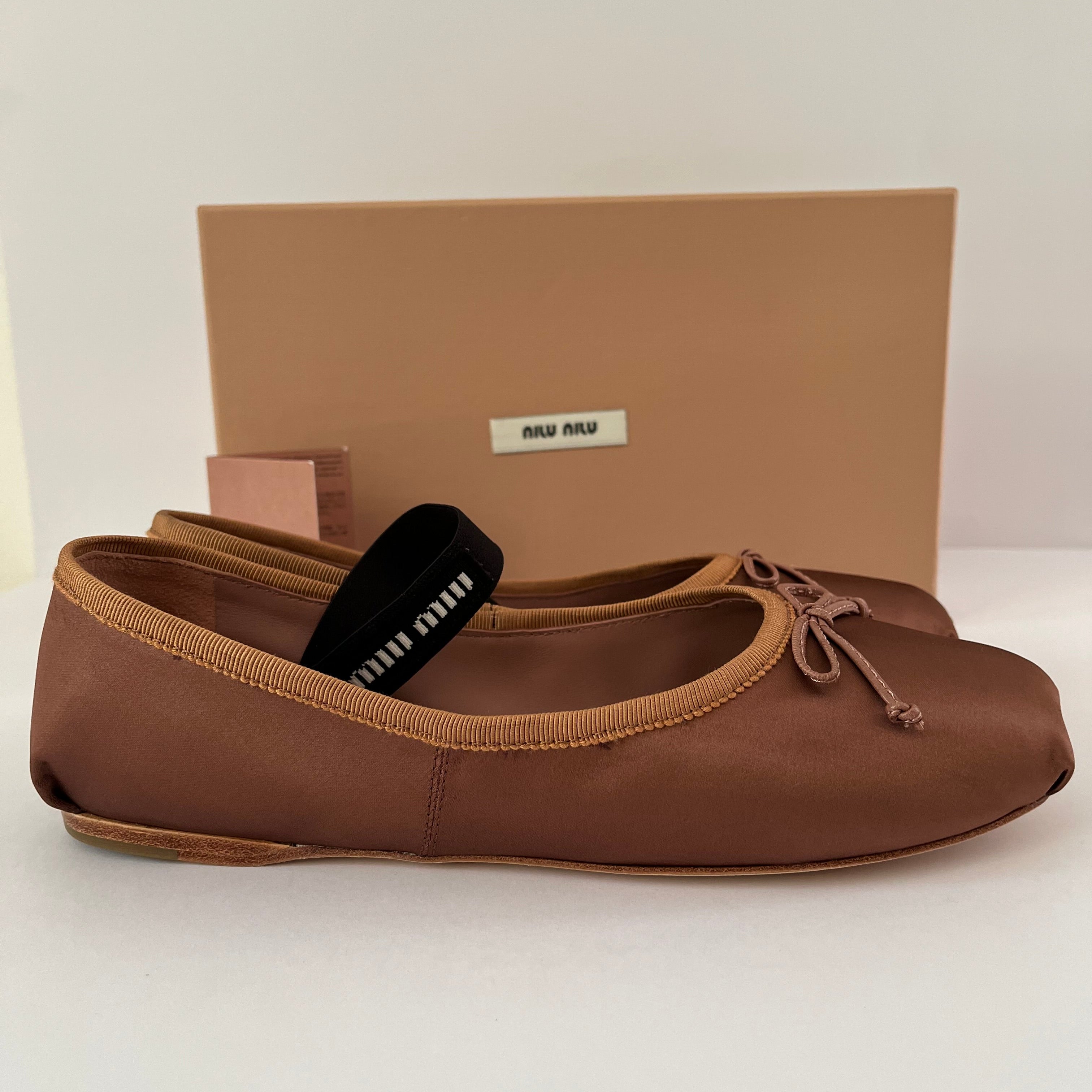 Miu Miu Satin Ballerina Flats in Cocoa Brown.