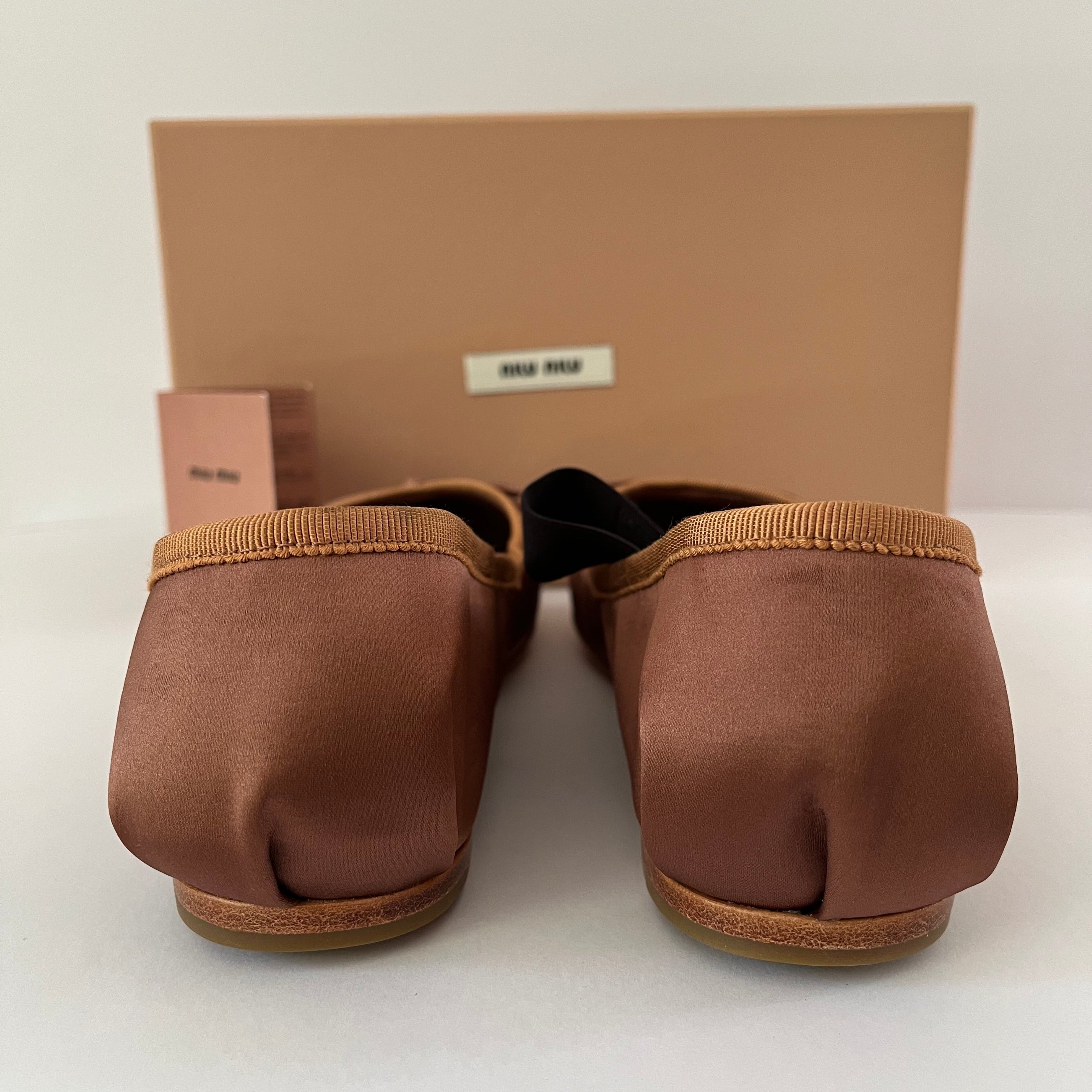 Miu Miu Satin Ballerina Flats in Cocoa Brown.
