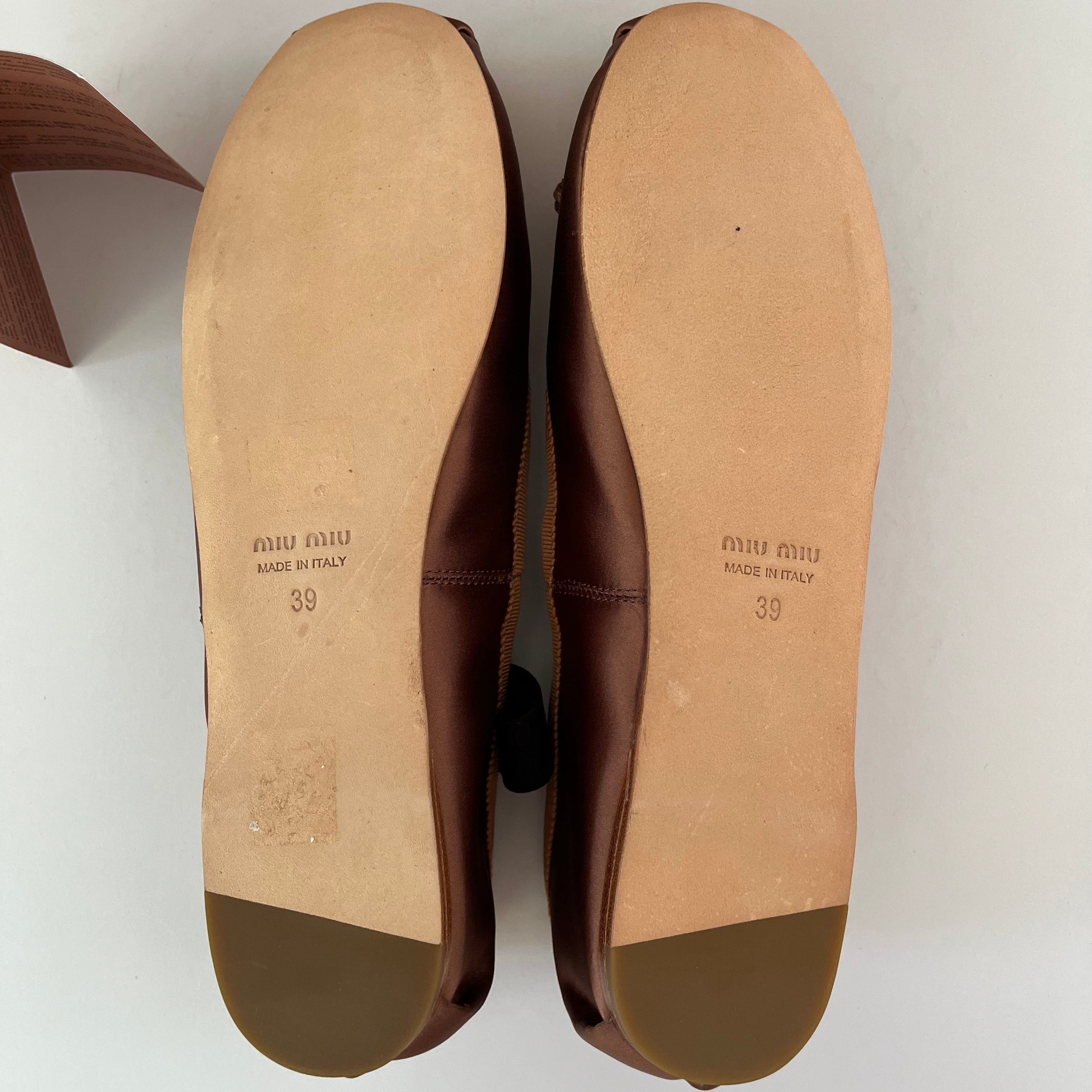 Miu Miu Satin Ballerina Flats in Cocoa Brown.