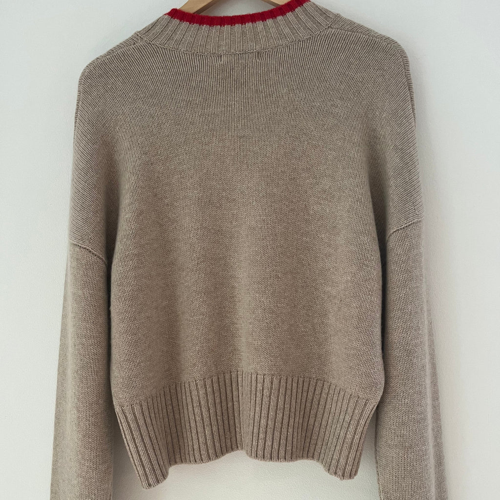 Bassike V neck Contrast Knit in Oatmeal/Red Size 0/AU6/XS.
