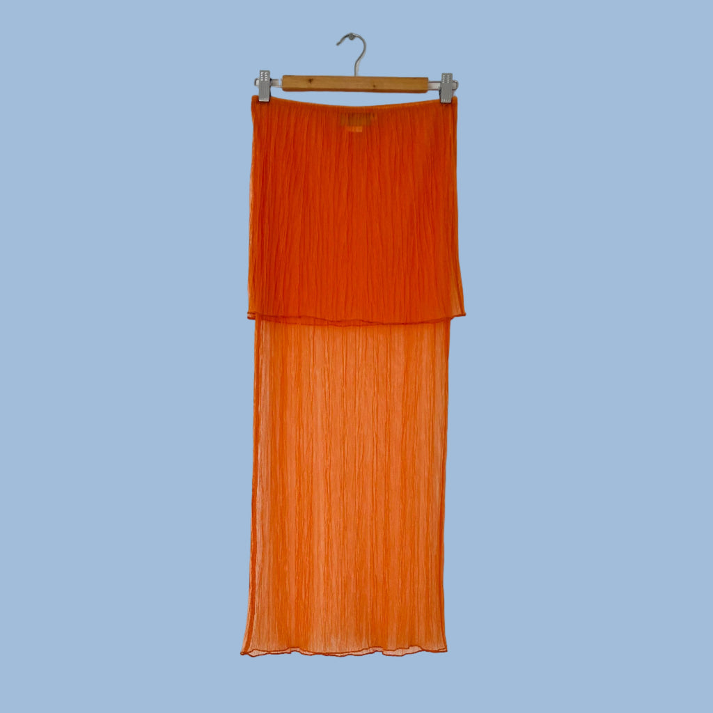 Sister Studios Sheer Tiered Maxi Skirt in Orange.