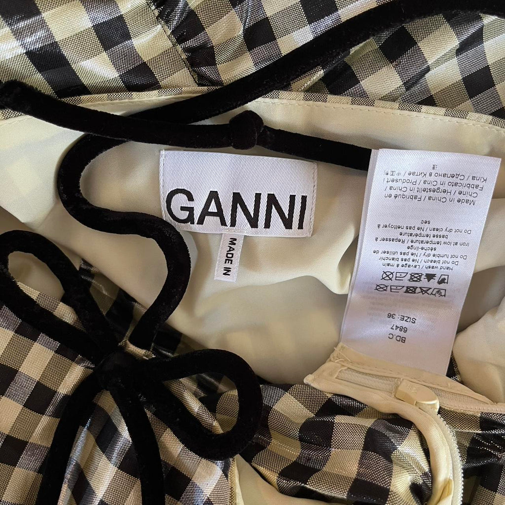Ganni Bow-detailed Ruffled Metallic Gingham Jacquard Top.