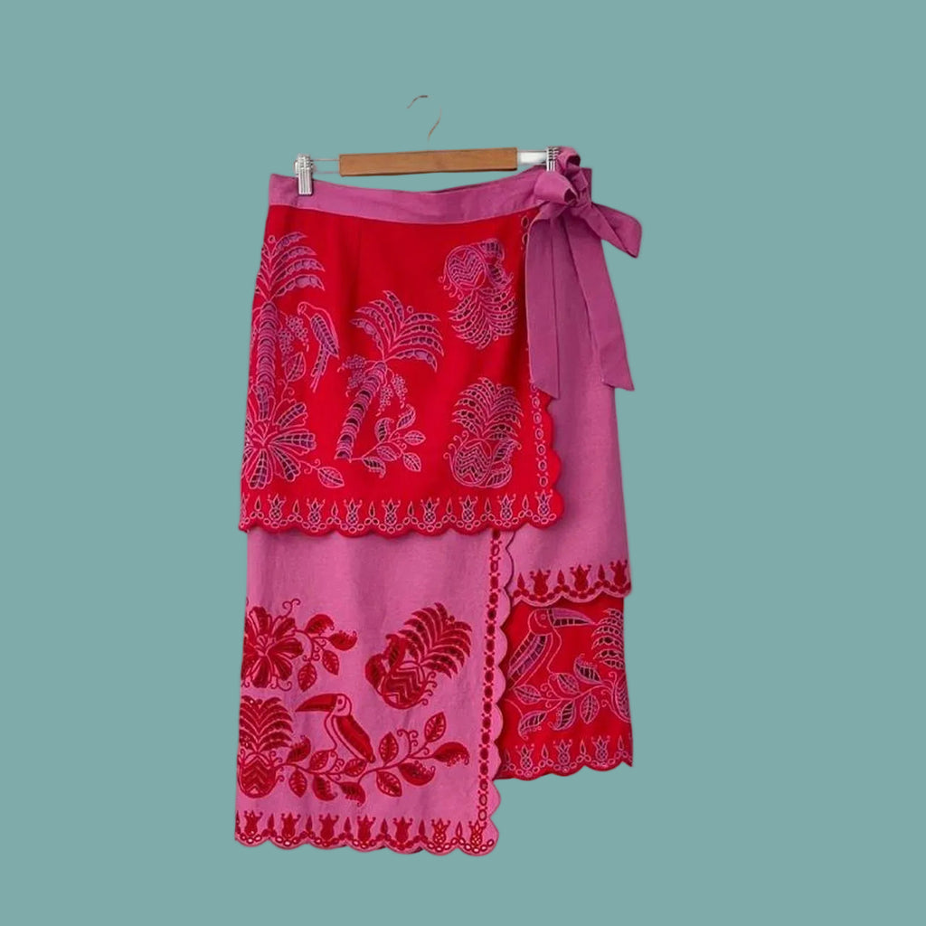 Farm Rio Palm Tree Richelieu Wrap Midi Skirt in a Red and Pink.