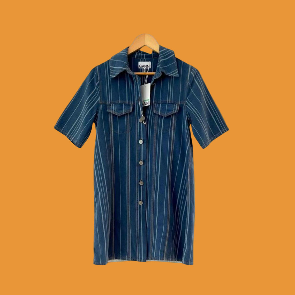Ganni BNWT Striped Denim Mini Shirt Dress.