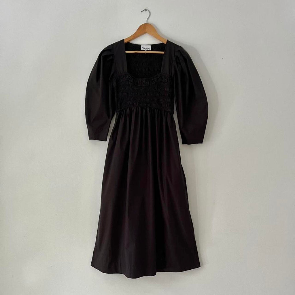 Ganni Cotton Poplin Open Neck Smock Maxi Dress.