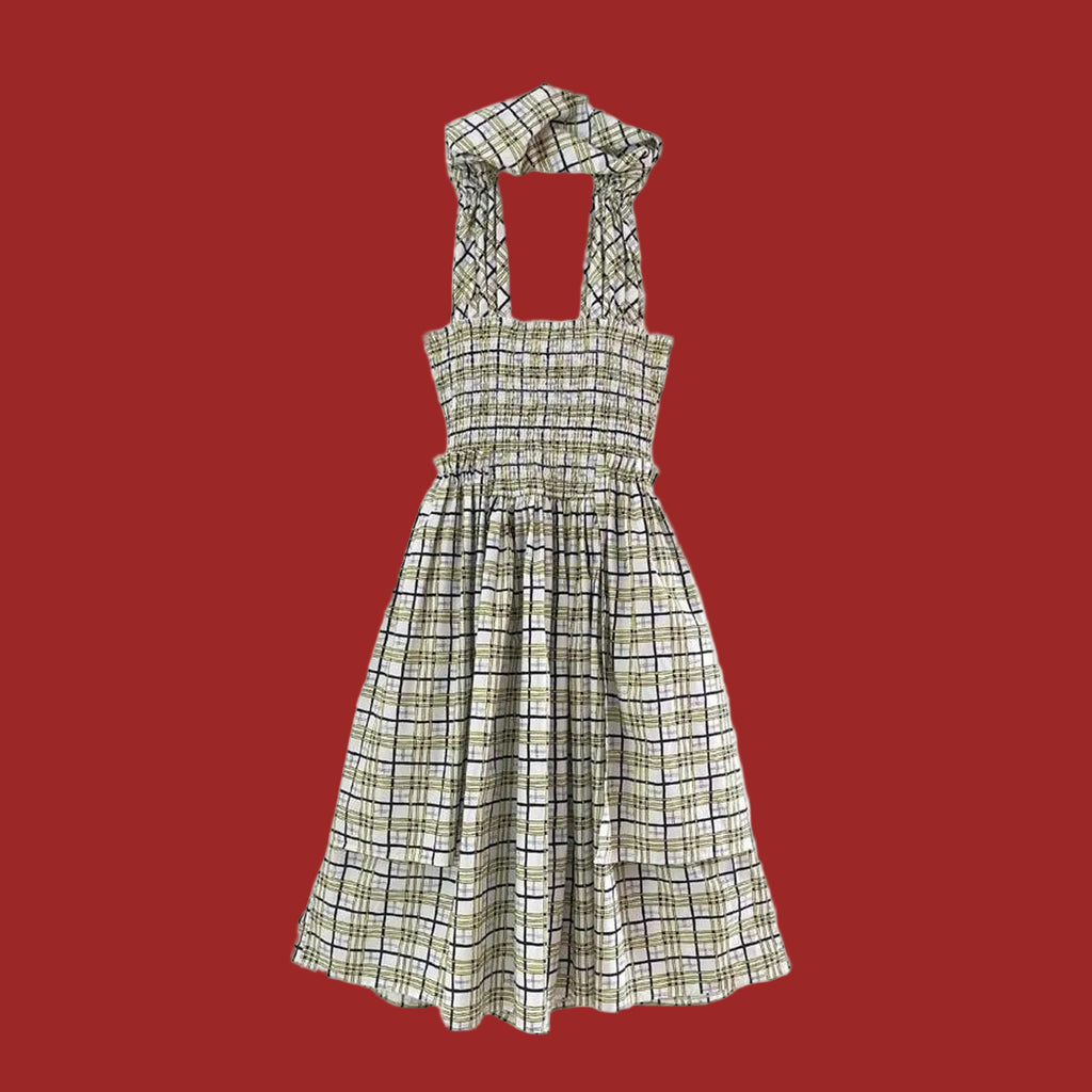 Shrimps EMMA Shirred Checked Cotton Poplin Dress in Yellow.
