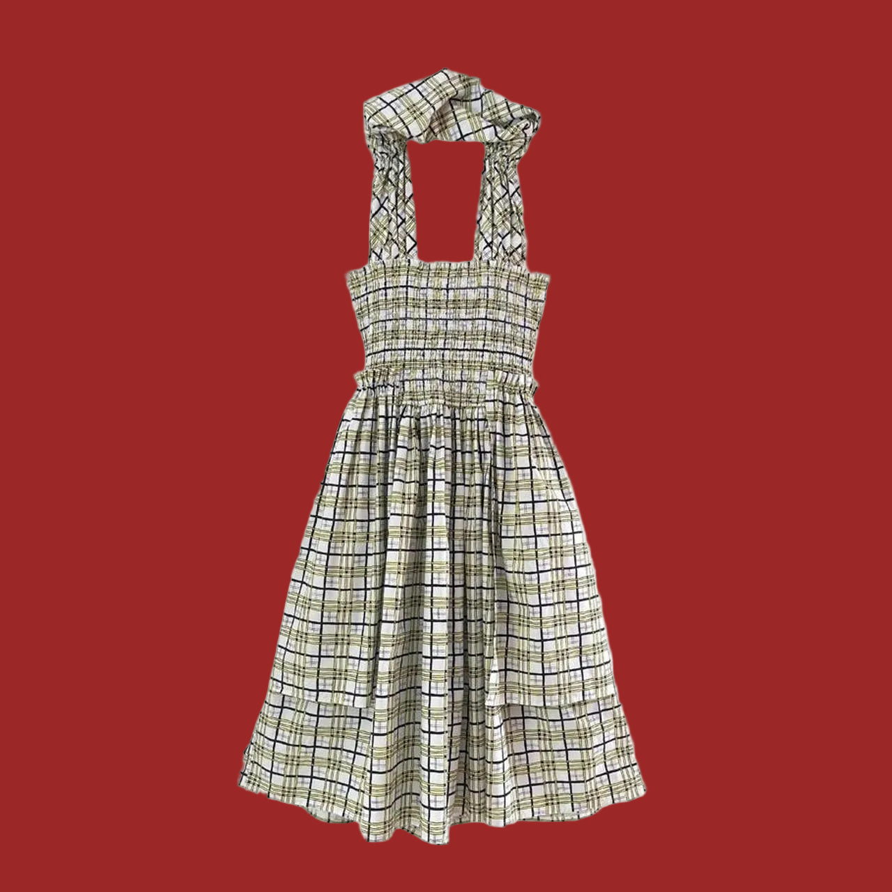 Shrimps EMMA Shirred Checked Cotton Poplin Dress in Yellow.