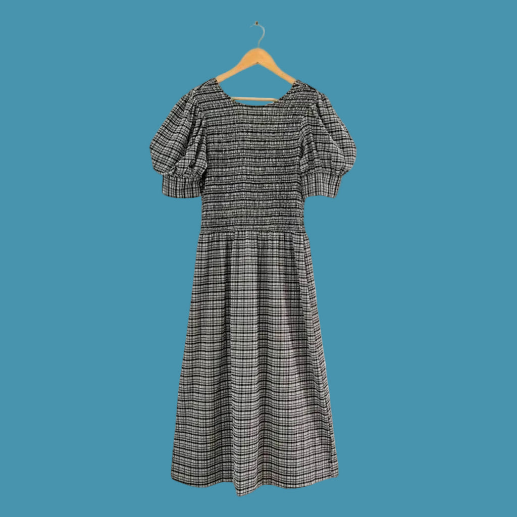 Ganni Shirred Checked Seersucker Midi Dress.