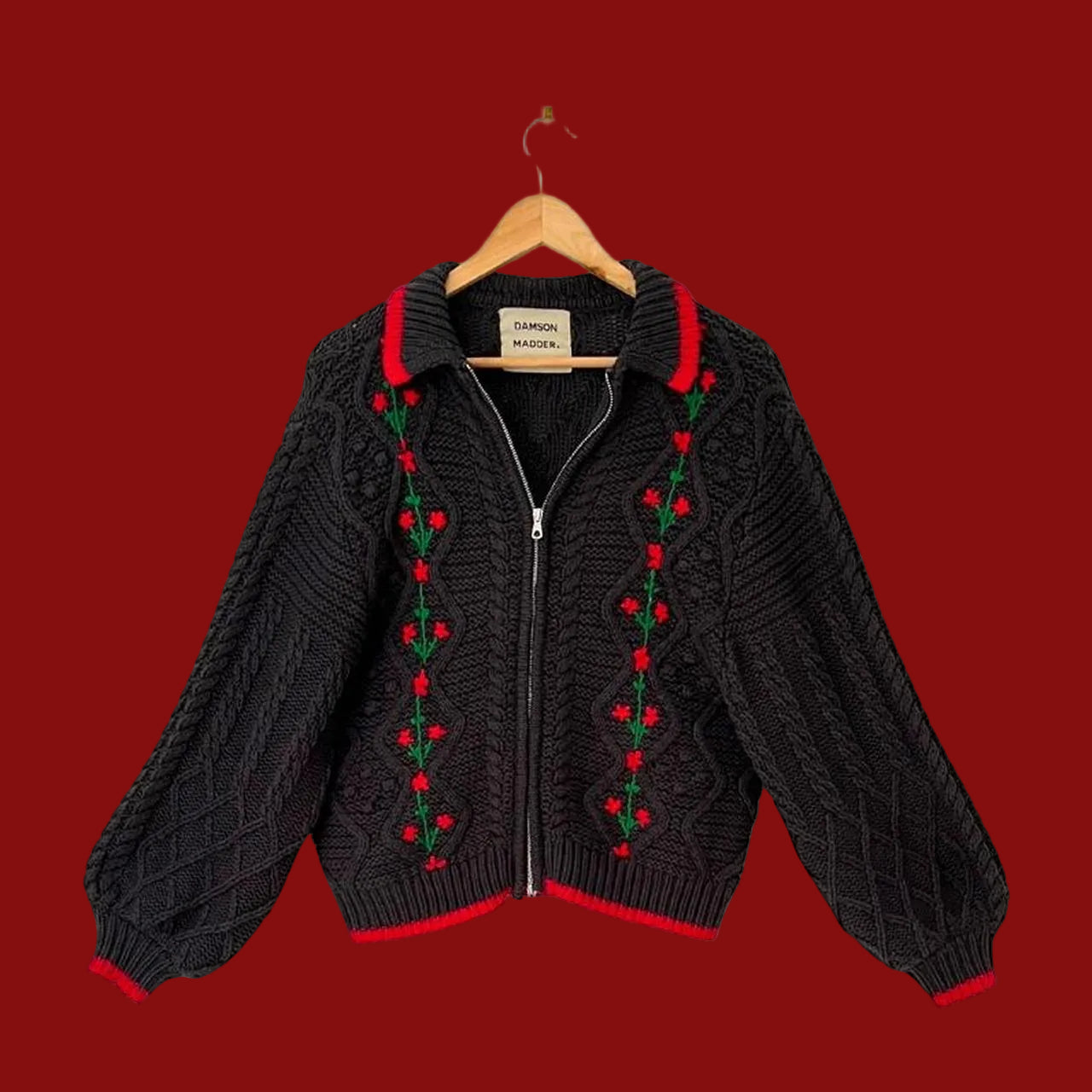 Damson Madder GRANDPA Floral Embroidered Cardigan in Charcoal.