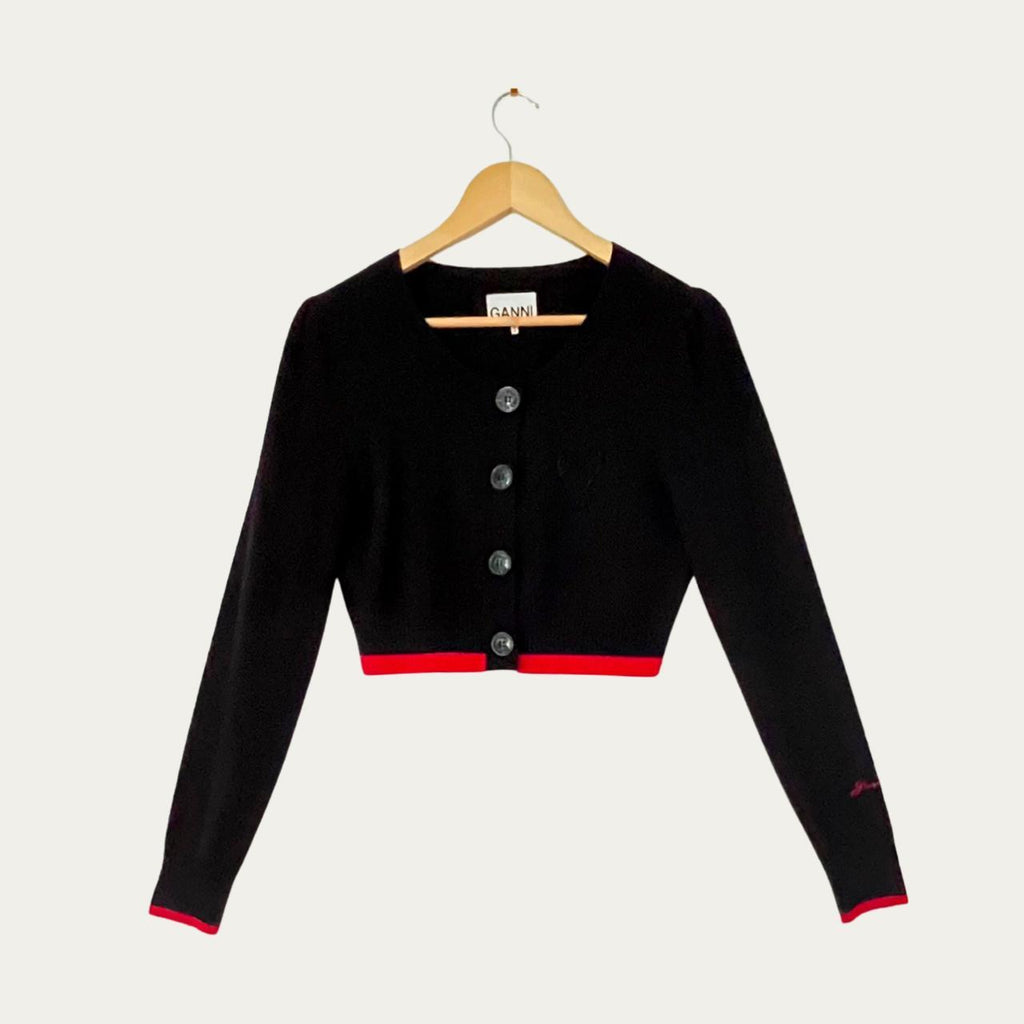 Ganni Cropped Bead Embellished Merino Wool Cardigan.