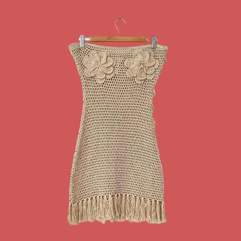 Venroy Strapless Floral Crochet Cotton Mini Dress in Natural.