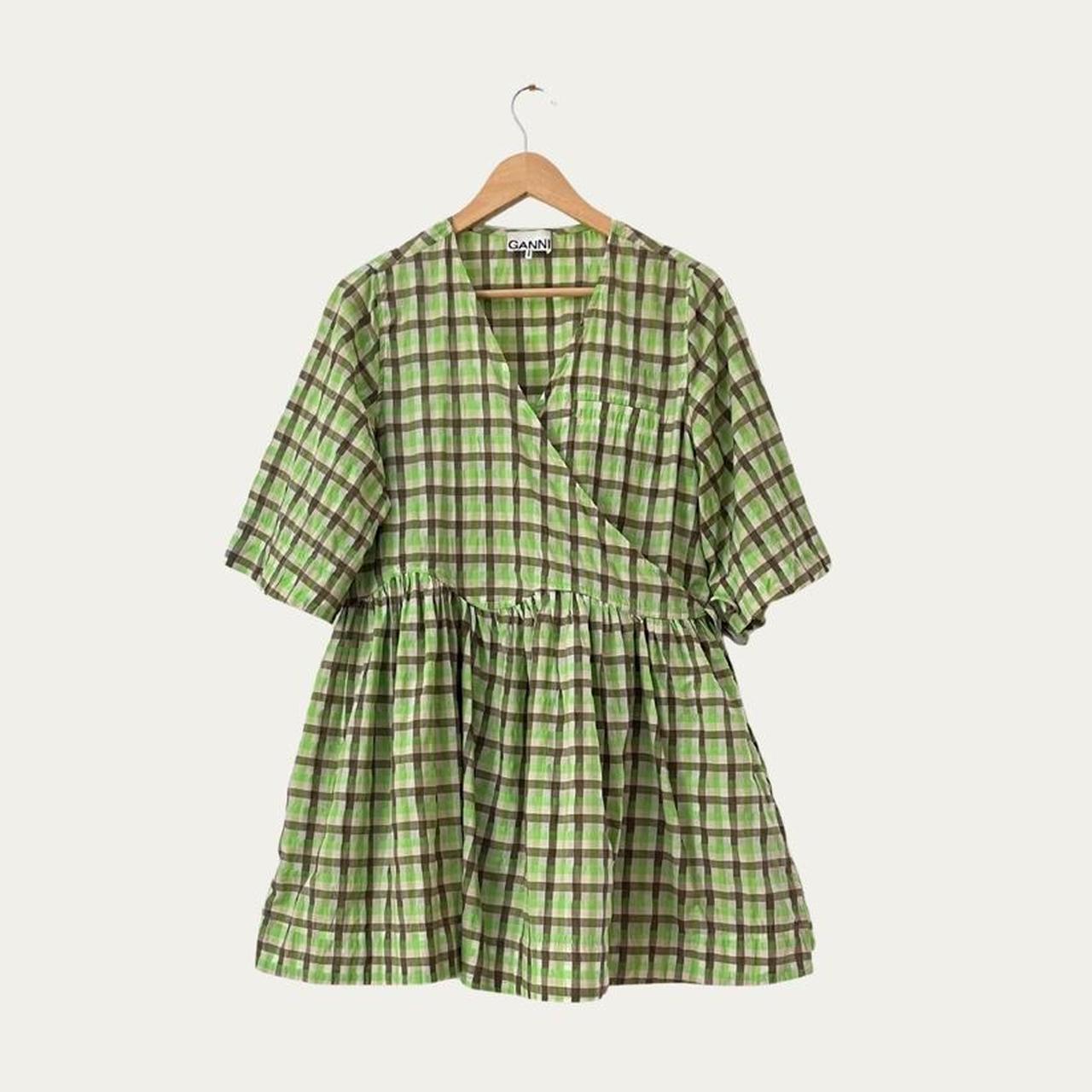 Ganni Seersucker Check-print Short-sleeve Wrap Dress.