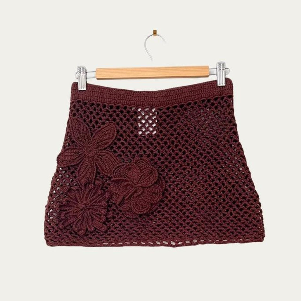 Venroy Floral Crochet Cotton Mini Skirt in Chocolate.