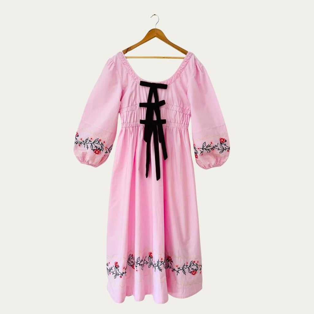 Damson Madder DAKOTA Floral Embroidered Dress in Pink.