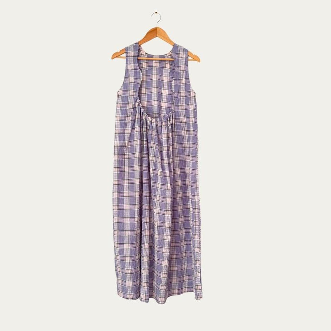 Ganni Seersucker Plaid Open Back Midi Dress in Lilac.
