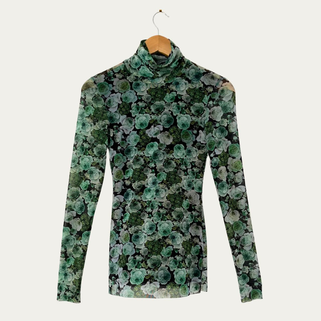 Ganni KELLY Mesh Floral Turtleneck in Green.
