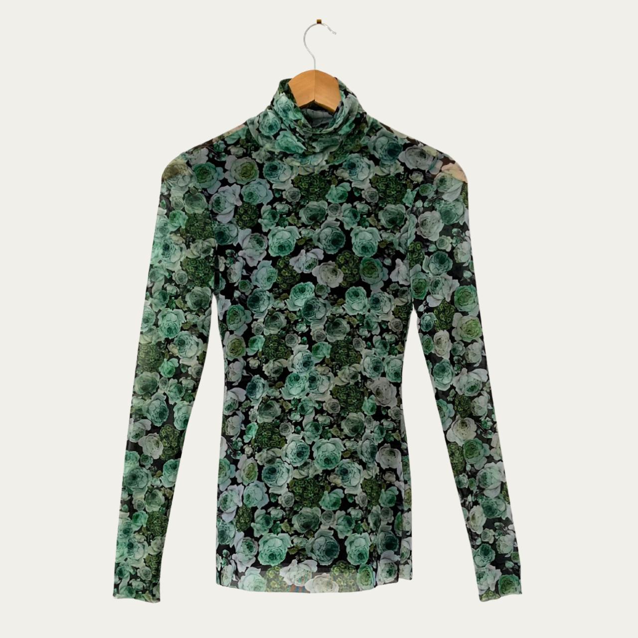 Ganni KELLY Mesh Floral Turtleneck in Green.