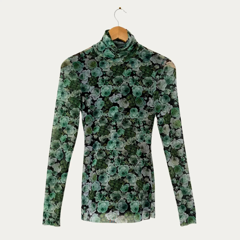 Ganni KELLY Mesh Floral Turtleneck in Green Size 34/AU8/S.