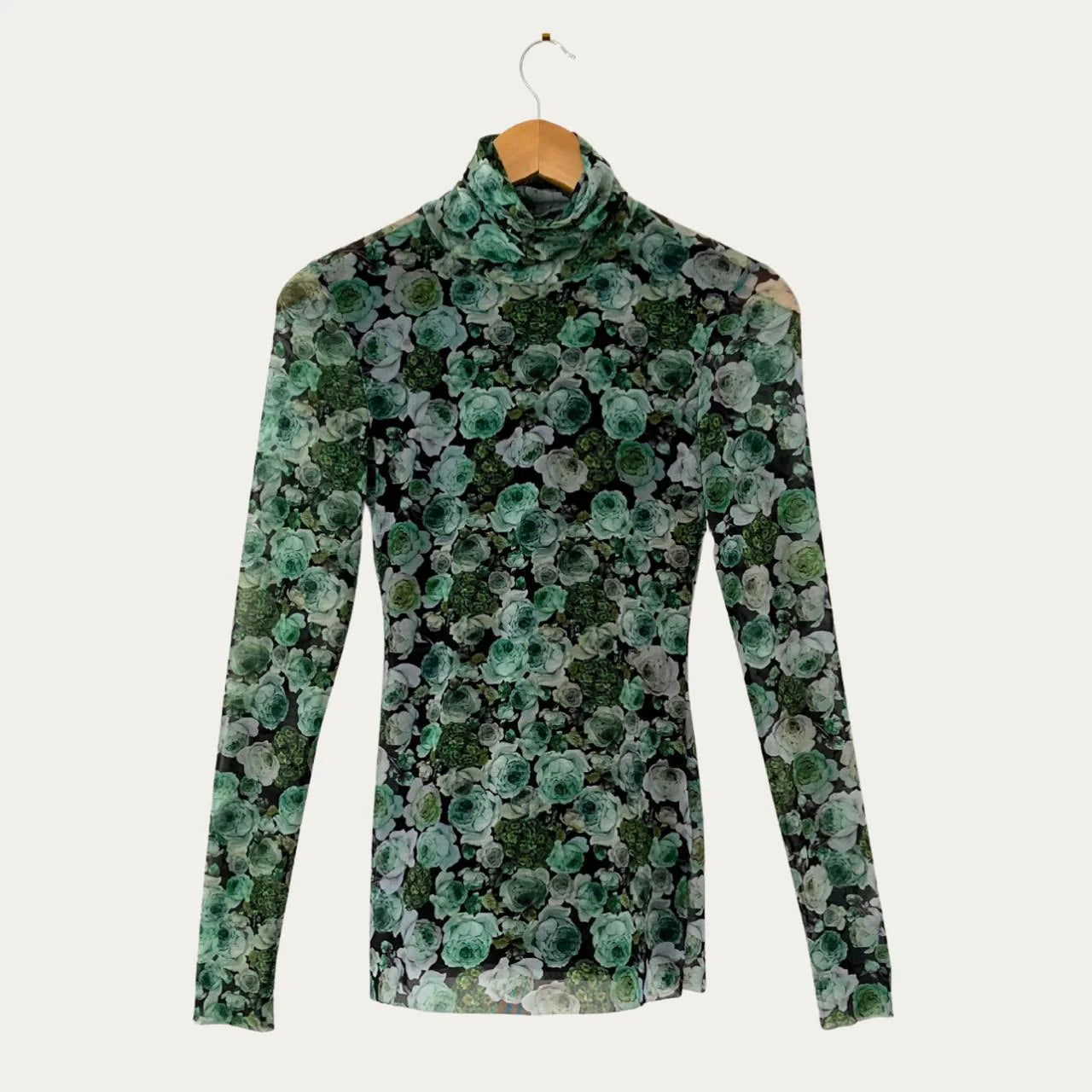 Ganni KELLY Mesh Floral Turtleneck in Green Size 34/AU8/S.