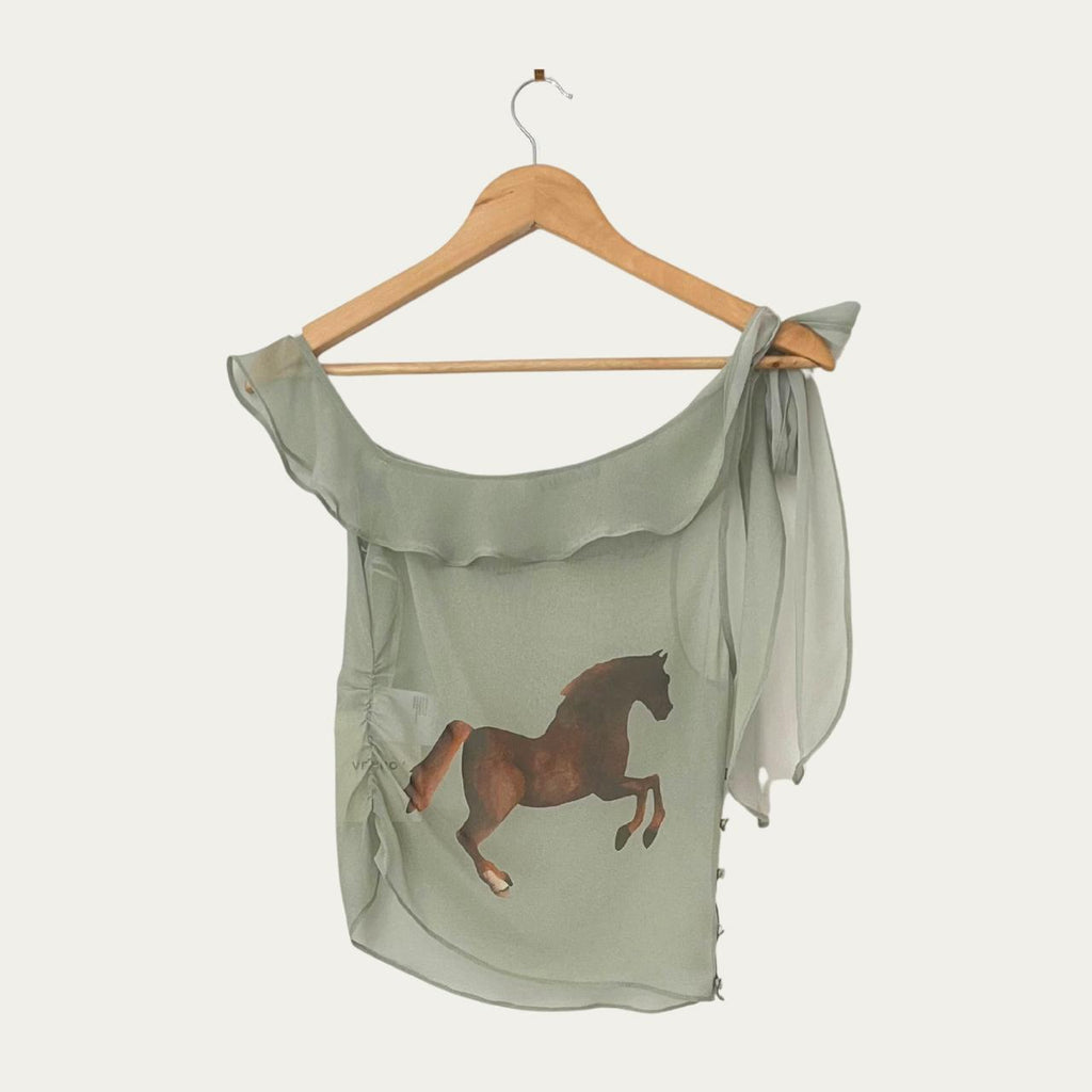 Venroy BNWT One Shoulder Silk Tie Top in Sage/Horses Stamp.