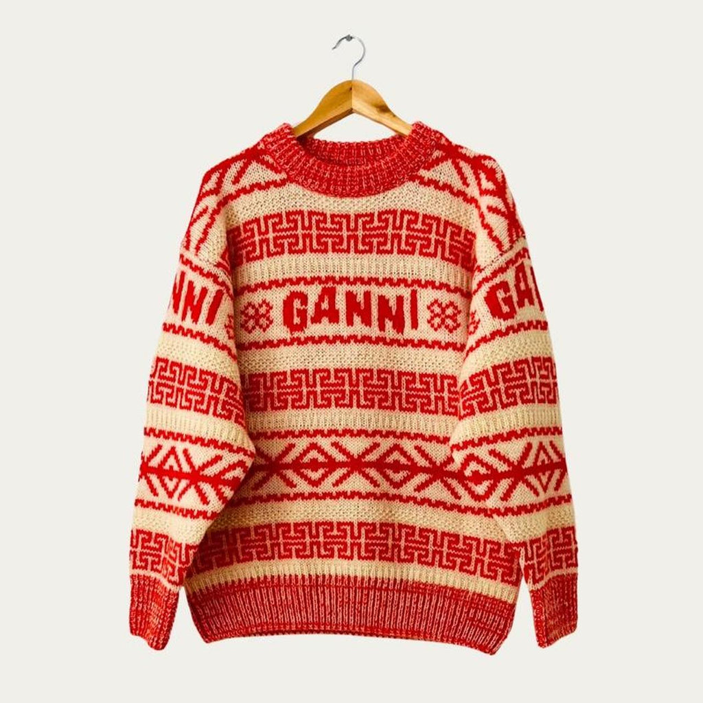 Ganni Intarsia Logo Wool Jumper in Orange.