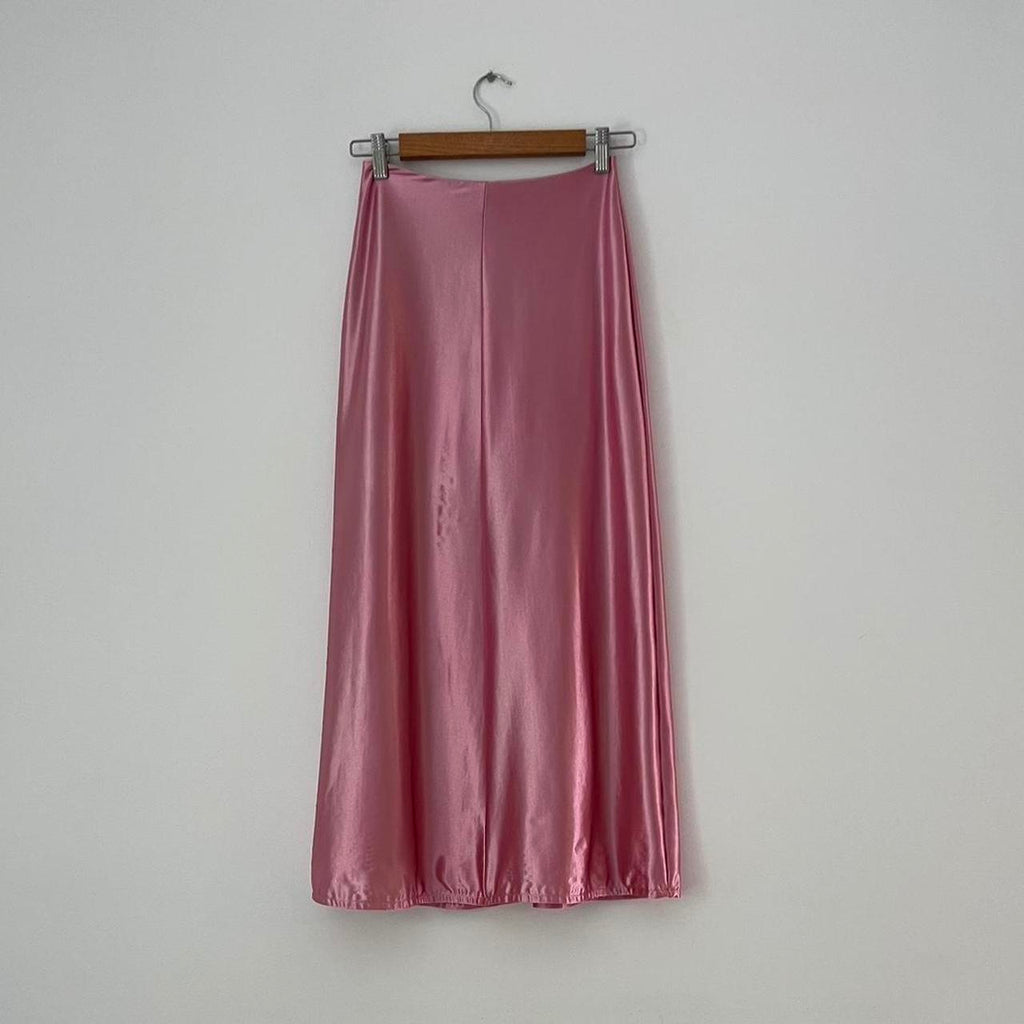 Par Moi Satin Midi Skirt in Pink.