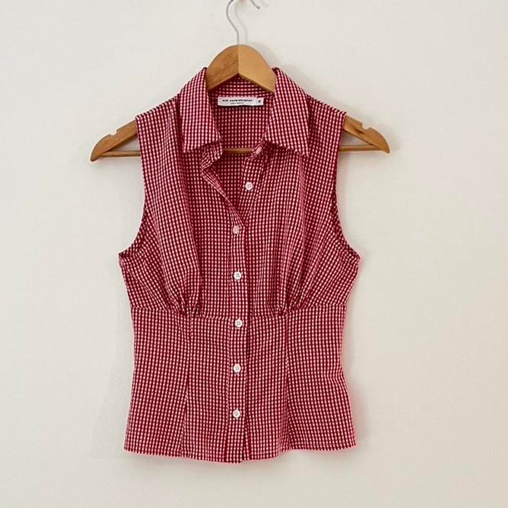With Consideration Gingham Sleeveless Shirt in Cherry.