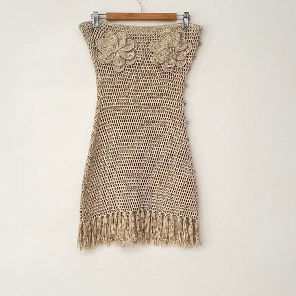 Venroy Strapless Floral Crochet Cotton Mini Dress in Natural.