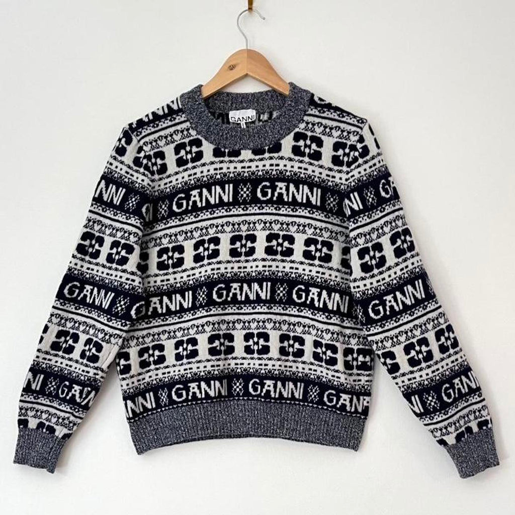 Ganni O-neck Logo Sweater in Sky Captain.