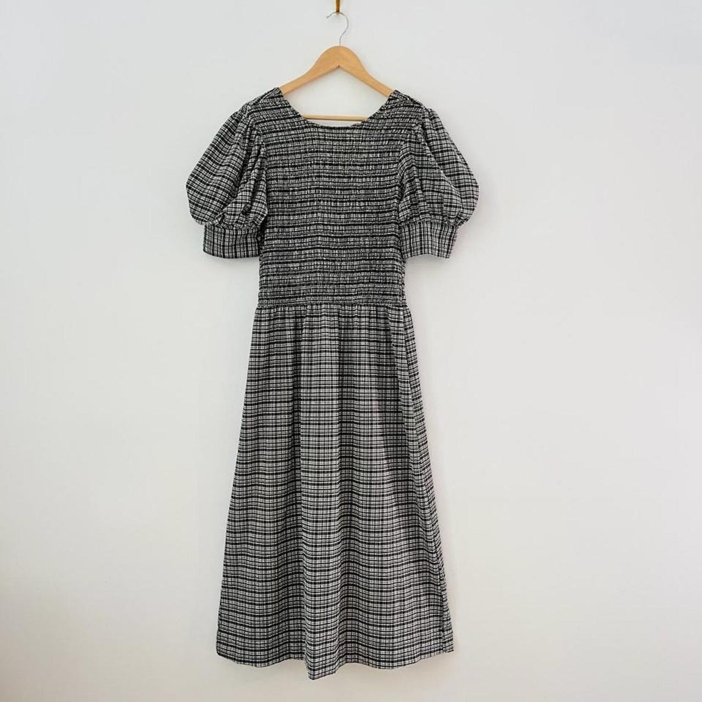 Ganni Shirred Checked Seersucker Midi Dress.