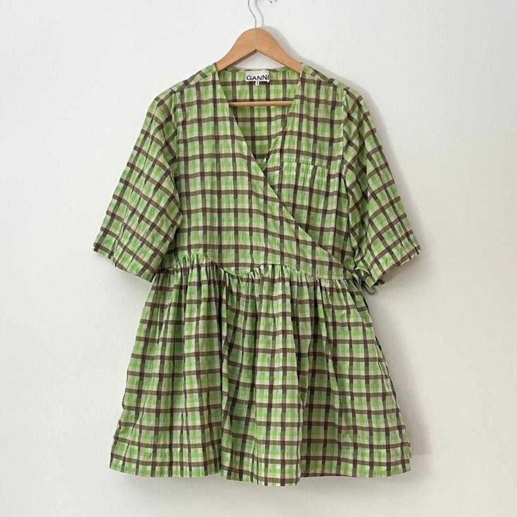 Ganni Seersucker Check-print Short-sleeve Wrap Dress.