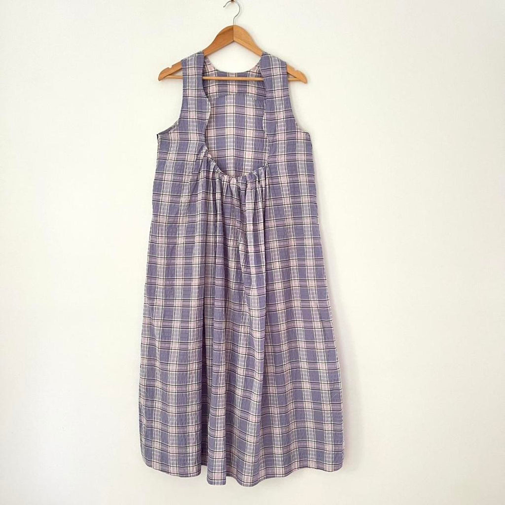 Ganni Seersucker Plaid Open Back Midi Dress in Lilac.