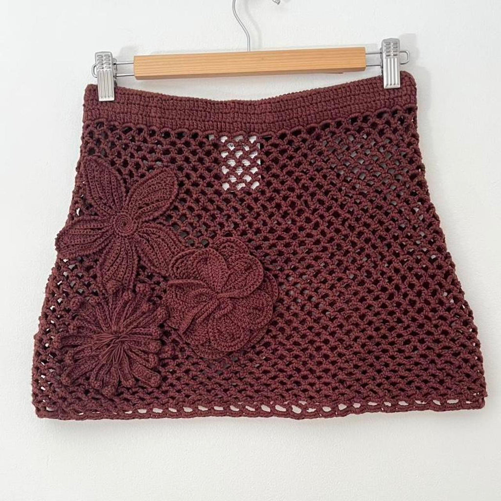 Venroy Floral Crochet Cotton Mini Skirt in Chocolate.