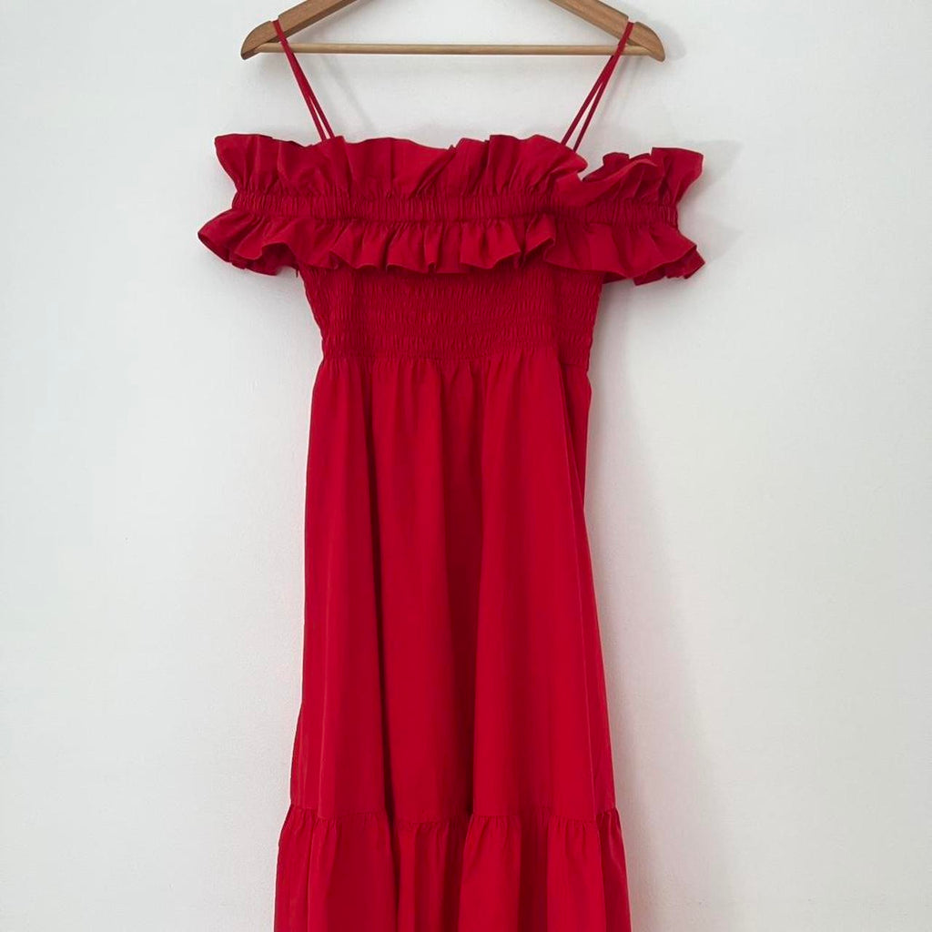 Ganni Cold-shoulder Ruffled Cotton Midi Dress.