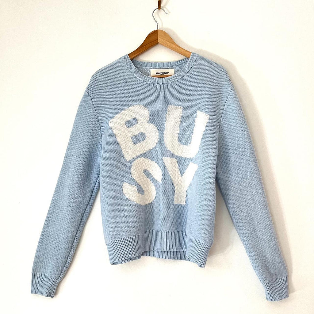 Sorry Im Busy SPELLOUT Knit in Baby Blue.