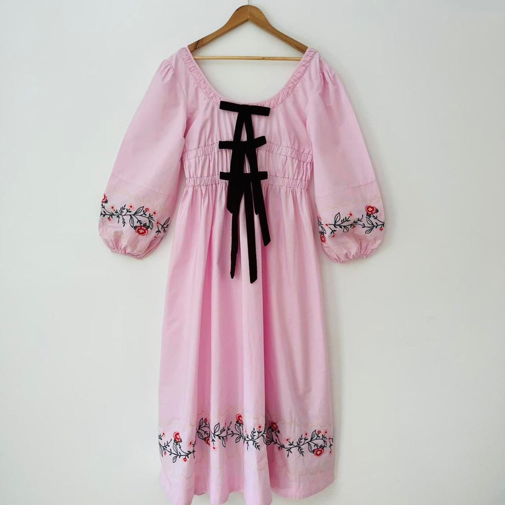Damson Madder DAKOTA Floral Embroidered Dress in Pink.