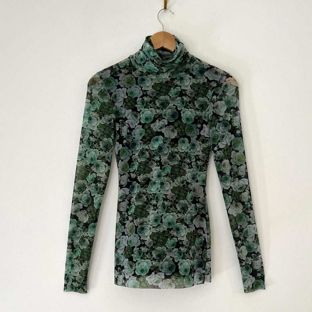 Ganni KELLY Mesh Floral Turtleneck in Green.