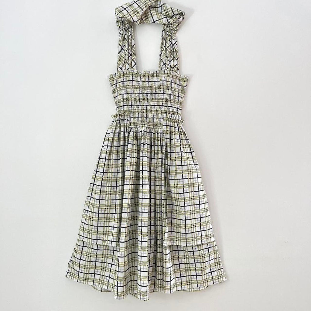 Shrimps EMMA Shirred Checked Cotton Poplin Dress in Yellow.