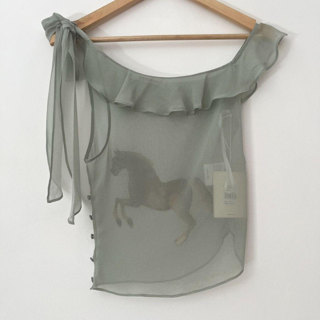 Venroy BNWT One Shoulder Silk Tie Top in Sage/Horses Stamp.