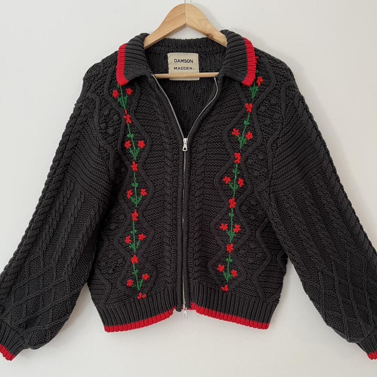 Damson Madder GRANDPA Floral Embroidered Cardigan in Charcoal.