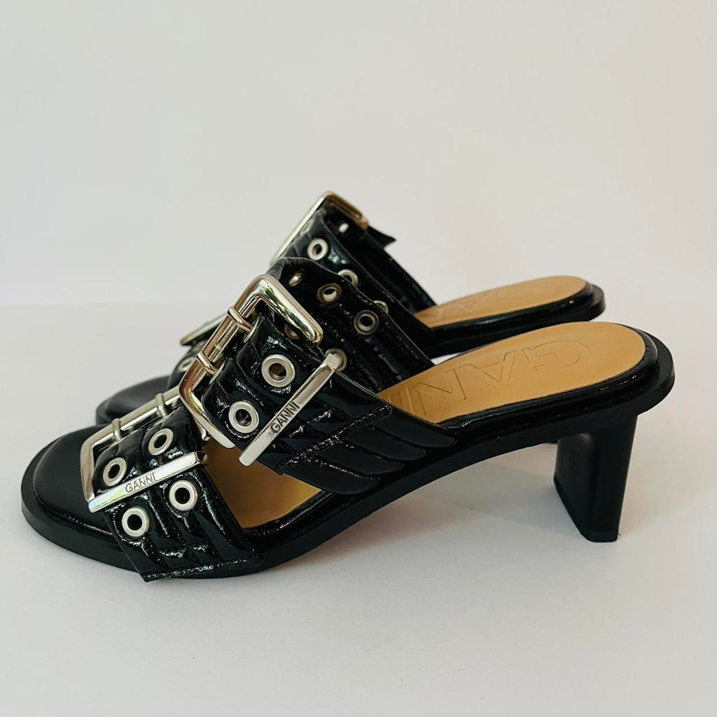 Ganni Leather Buckle Heels in Black.