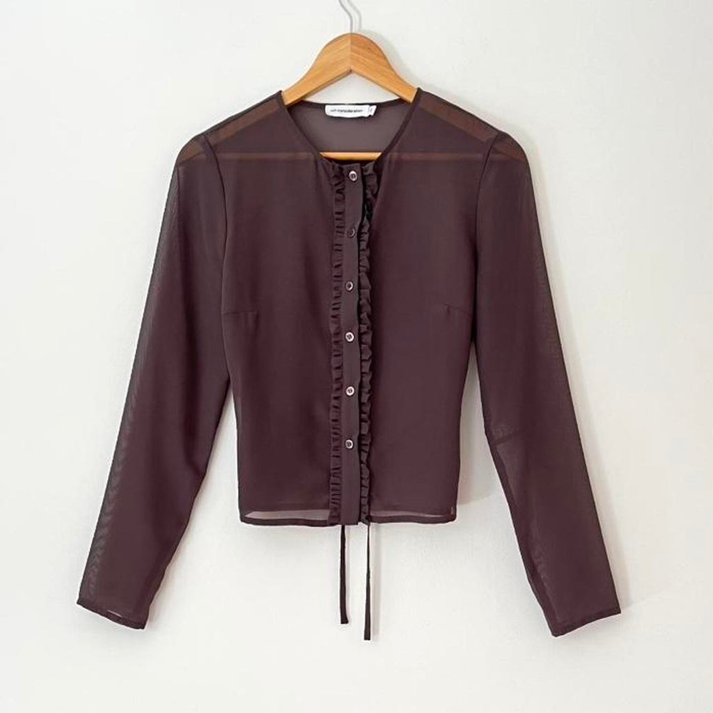 With Consideration Sheer Ruffle Long Sleeve Blouse in Slate Size XS.