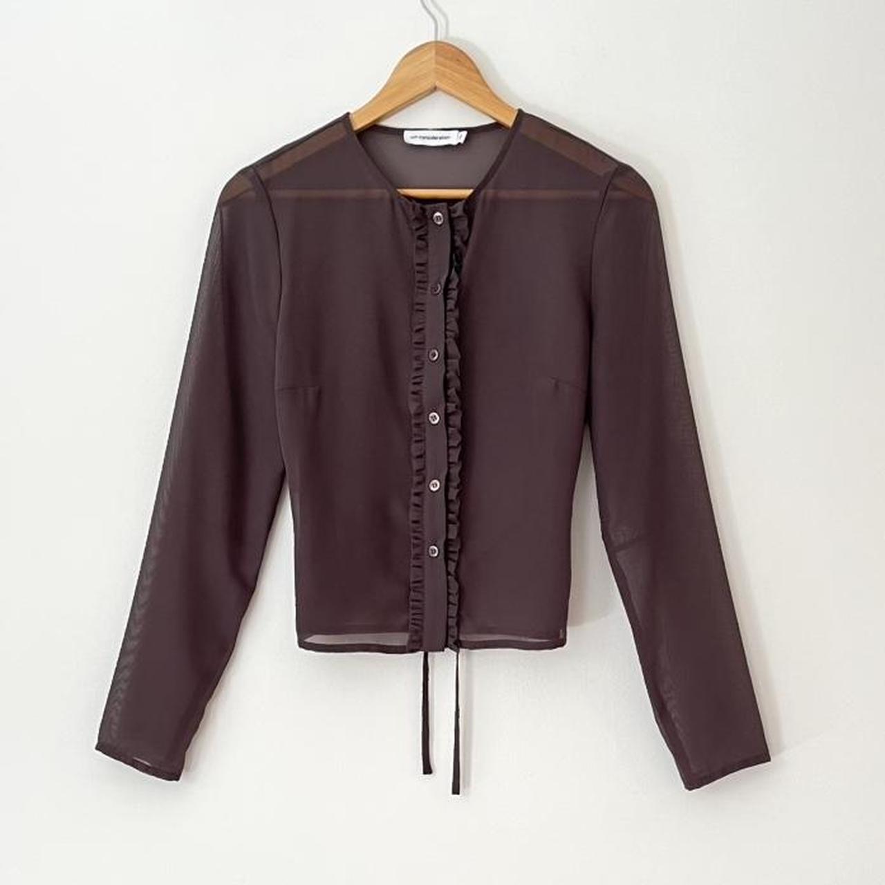 With Consideration Sheer Ruffle Long Sleeve Blouse in Slate Size XS.