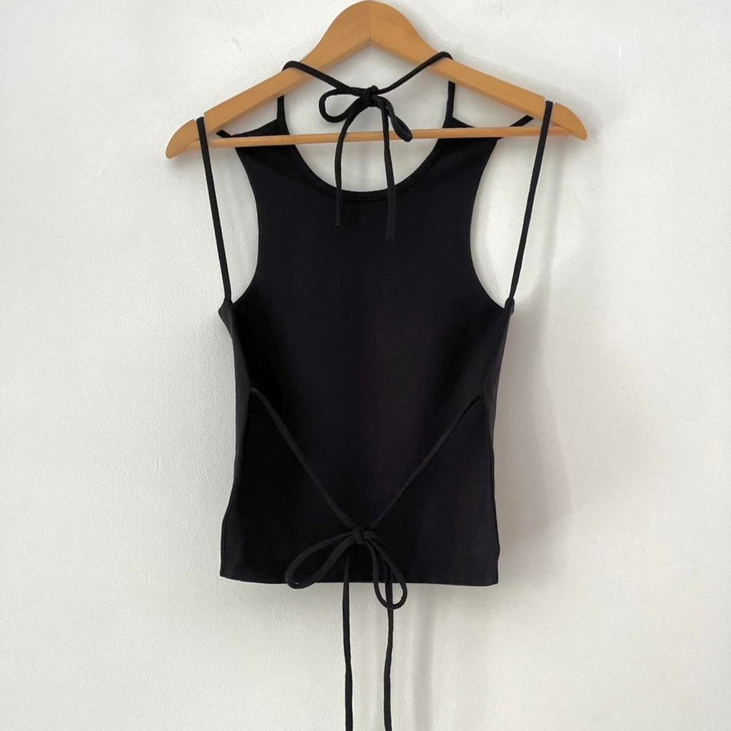 With Consideration Backless Tie Top in Black.